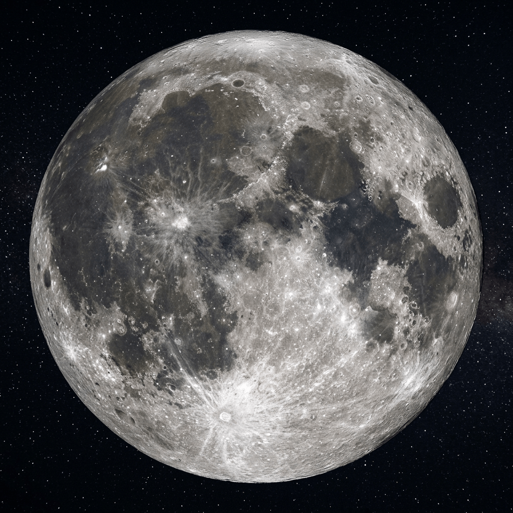 Full moon showing detailed craters and lunar maria against black space with stars